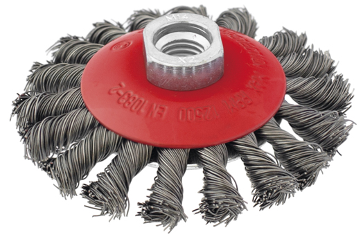 Escova cónica de arame para rebarbadora, rosca M14, diâmetro 115 mm | Ref. 026.0009